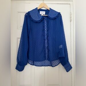 The Shirt Rochelle Behrens Size L Blue Sheer Ruffle Blouse